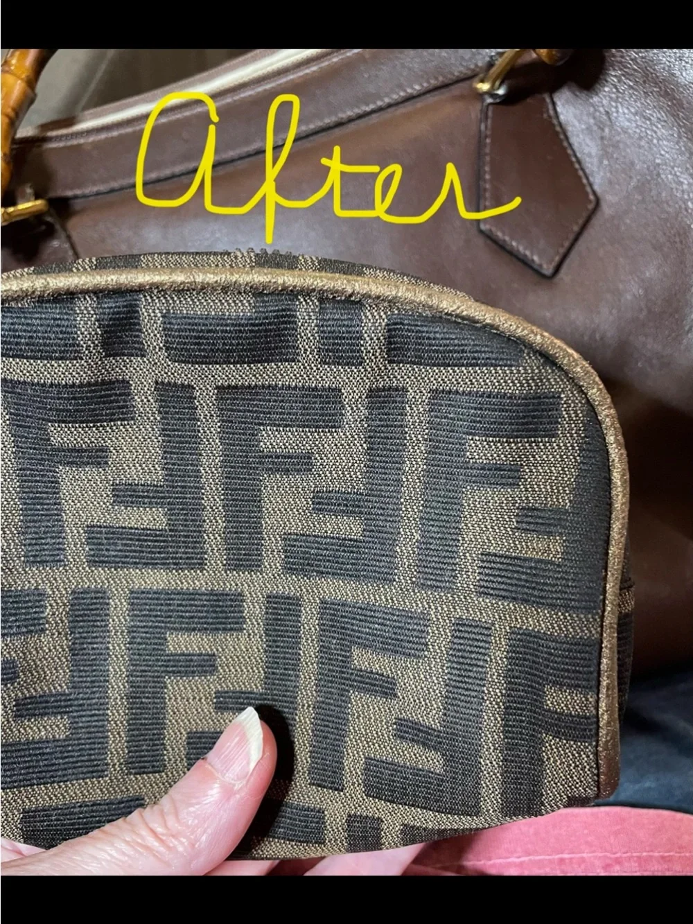 Fendi Authentic Vintage Brown and Black FF Monogram Pouch with Gold Trim
